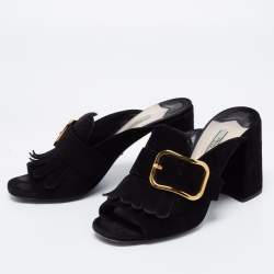 Pre Owned Prada Black Suede Buckle Fringe Block Heel Mules Size 38