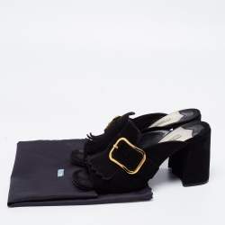 Pre Owned Prada Black Suede Buckle Fringe Block Heel Mules Size 38