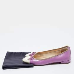 Pre Owned Prada Purple/White Saffiano Patent Leather Bow Cap Toe Ballet Flats Size 38