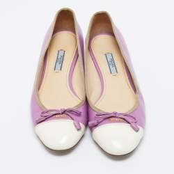 Pre Owned Prada Purple/White Saffiano Patent Leather Bow Cap Toe Ballet Flats Size 38