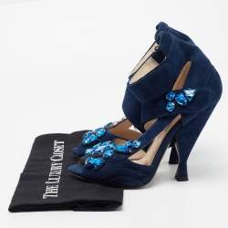 Pre Owned Prada Blue Suede Crystal Embellished Ankle Strap Sandals Size 38