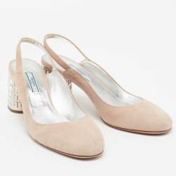 Pre Owned Prada Beige Suede Crystal Embellished Heels Slingback Pumps Size 39