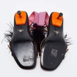 Prada Multicolor Satin and Feather Trim Slingback Sandals Size 39