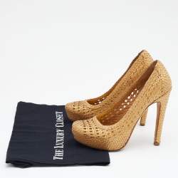 Pre Owned Prada Metallic Gold Woven Leather Madras Platform Pumps Size 36