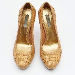 Pre Owned Prada Metallic Gold Woven Leather Madras Platform Pumps Size 36