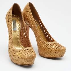 Pre Owned Prada Metallic Gold Woven Leather Madras Platform Pumps Size 36