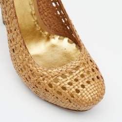 Pre Owned Prada Metallic Gold Woven Leather Madras Platform Pumps Size 36