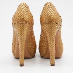 Pre Owned Prada Metallic Gold Woven Leather Madras Platform Pumps Size 36