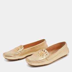 Pre Owned Prada Gold Leather Logo Slip On Loafers Size 38.5