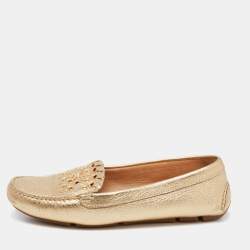 Pre Owned Prada Gold Leather Logo Slip On Loafers Size 38.5