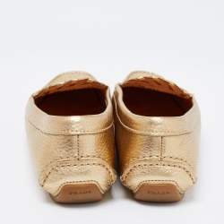 Pre Owned Prada Gold Leather Logo Slip On Loafers Size 38.5