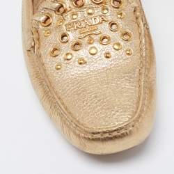 Pre Owned Prada Gold Leather Logo Slip On Loafers Size 38.5