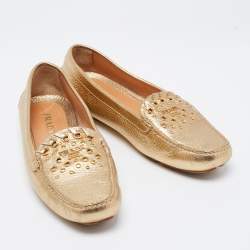 Pre Owned Prada Gold Leather Logo Slip On Loafers Size 38.5