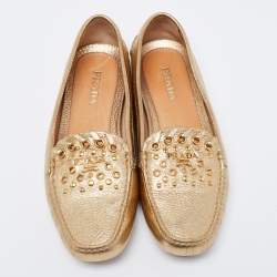 Pre Owned Prada Gold Leather Logo Slip On Loafers Size 38.5