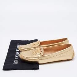 Pre Owned Prada Gold Leather Logo Slip On Loafers Size 38.5