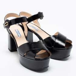 Pre Owned Prada Black Saffiano Leather Block Heel Platform Sandals Size 40