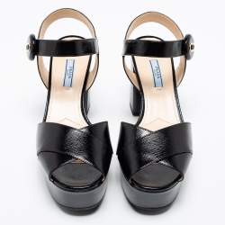 Pre Owned Prada Black Saffiano Leather Block Heel Platform Sandals Size 40