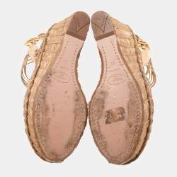 Prada Metallic Gold Leather Raffia Platform Wedge Sandals Size 39