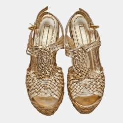 Prada Metallic Gold Leather Raffia Platform Wedge Sandals Size 39