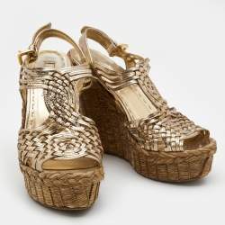 Prada Metallic Gold Leather Raffia Platform Wedge Sandals Size 39