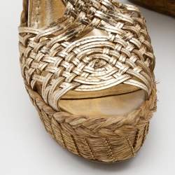 Prada Metallic Gold Leather Raffia Platform Wedge Sandals Size 39