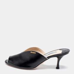 Prada Black Saffiano Patent Leather Peep Toe Mules Size 38.5