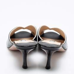 Prada Black Saffiano Patent Leather Peep Toe Mules Size 38.5