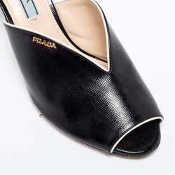 Prada Black Saffiano Patent Leather Peep Toe Mules Size 38.5