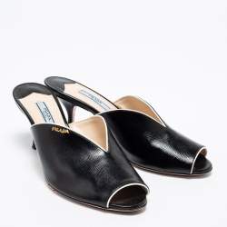 Prada Black Saffiano Patent Leather Peep Toe Mules Size 38.5