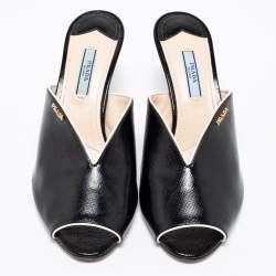 Prada Black Saffiano Patent Leather Peep Toe Mules Size 38.5