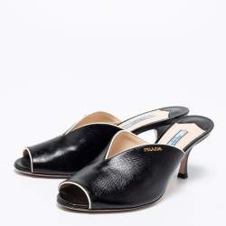 Prada Black Saffiano Patent Leather Peep Toe Mules Size 38.5