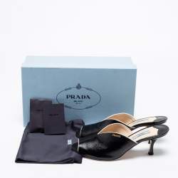 Prada Black Saffiano Patent Leather Peep Toe Mules Size 38.5