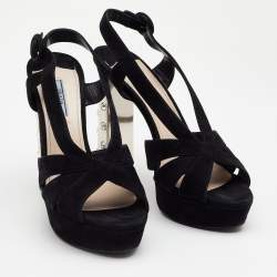 Pre Owned Prada Black Suede Crystal Embellished Heel Platform Slingback Sandals Size 40