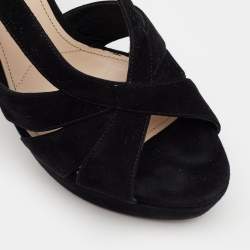 Pre Owned Prada Black Suede Crystal Embellished Heel Platform Slingback Sandals Size 40