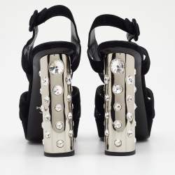 Pre Owned Prada Black Suede Crystal Embellished Heel Platform Slingback Sandals Size 40