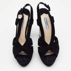 Pre Owned Prada Black Suede Crystal Embellished Heel Platform Slingback Sandals Size 40