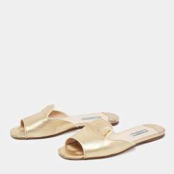 Pre Owned Prada Gold Saffiano Leather Flat Sandals Size 39.5