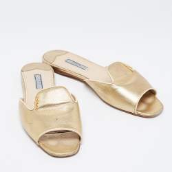 Pre Owned Prada Gold Saffiano Leather Flat Sandals Size 39.5