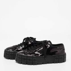 Pre Owned Prada Black Sequin Double Wheel Platform Sneakers Size 38.5