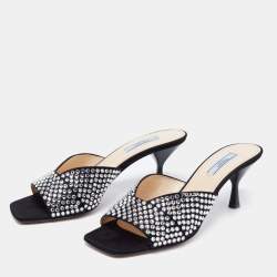Pre Owned Prada Black Fabric Crystal Embellished Slide Sandals Size 38