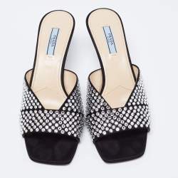 Pre Owned Prada Black Fabric Crystal Embellished Slide Sandals Size 38