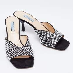 Pre Owned Prada Black Fabric Crystal Embellished Slide Sandals Size 38