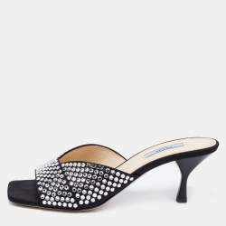 Pre Owned Prada Black Fabric Crystal Embellished Slide Sandals Size 38