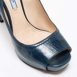 Pre Owned Prada Blue Leather Peep-Toe Platform Pumps Size 39