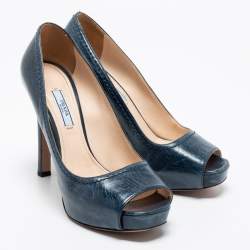 Pre Owned Prada Blue Leather Peep-Toe Platform Pumps Size 39