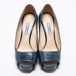 Pre Owned Prada Blue Leather Peep-Toe Platform Pumps Size 39