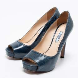 Pre Owned Prada Blue Leather Peep-Toe Platform Pumps Size 39