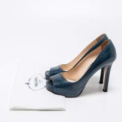 Pre Owned Prada Blue Leather Peep-Toe Platform Pumps Size 39