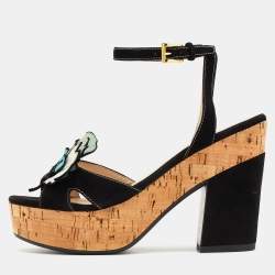 Prada Multicolor Suede Flower Applique Ankle Strap Platform Sandals Size 37.5