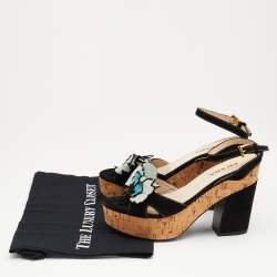 Prada Multicolor Suede Flower Applique Ankle Strap Platform Sandals Size 37.5